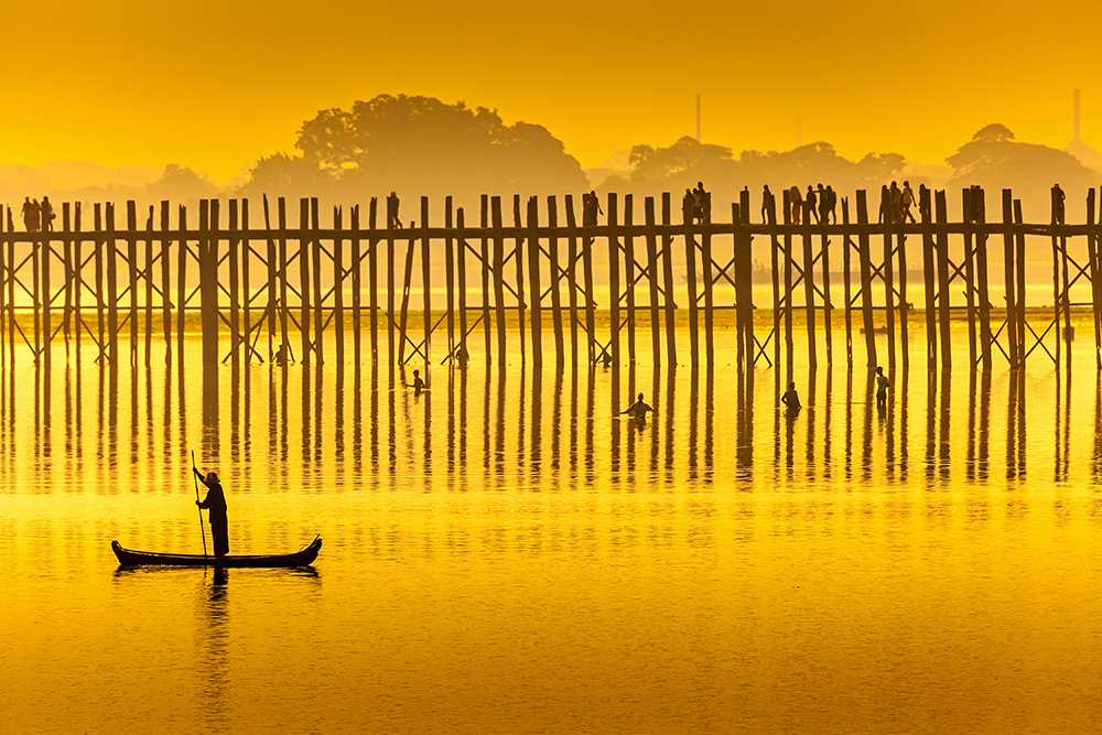 Sunset in U Bein bridge, Myanmar.