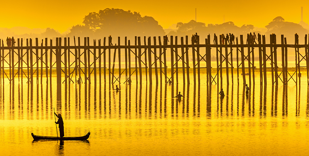 Sunset in U Bein bridge, Myanmar.