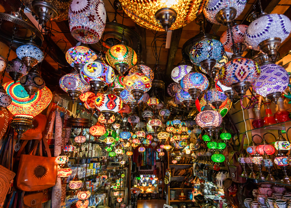 Range of lantern and lamp hanging in the market at Marrakesh, Morocco.